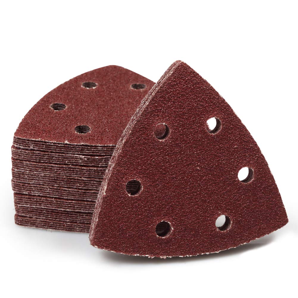 SPEEDWOX 50 Pcs Triangle Sanding Pads Hook and Loop 60 Grit Oscillating Sanding Pad 90mm 6 Holes Fit 3-1/2 Inches Oscillating Multi Tool Detail Sander Sandpaper Triangle Sanding Discs Sanding Tool — image 1