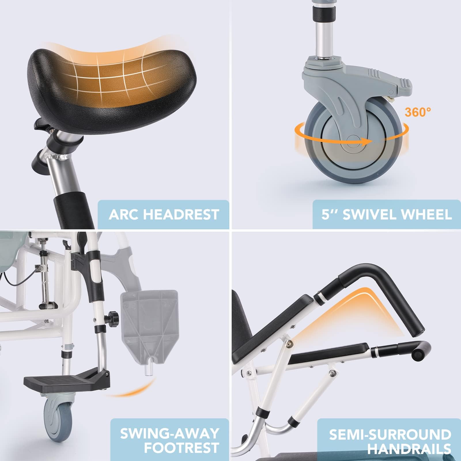 OasisSpace Personal Mobility Assist Bedside Commode Toilet Chair, Tilt Shower Commode Wheelchair, 4-in-1 Shampoo Chair 30° Reclining and Headrest, Adjustable Transport Rolling Chair(FSA HSA Eligible)