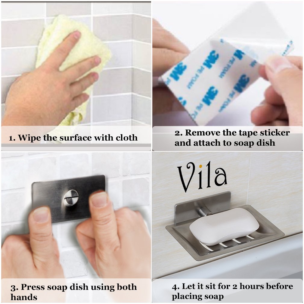 Stainless Steel Shower Soap Dish Holder by Vila -- Helps your soap last longer - Stylishly prevents pathogen growth in Bathrooms - Lightweight, Practical - Easy to Install with Included Sticker