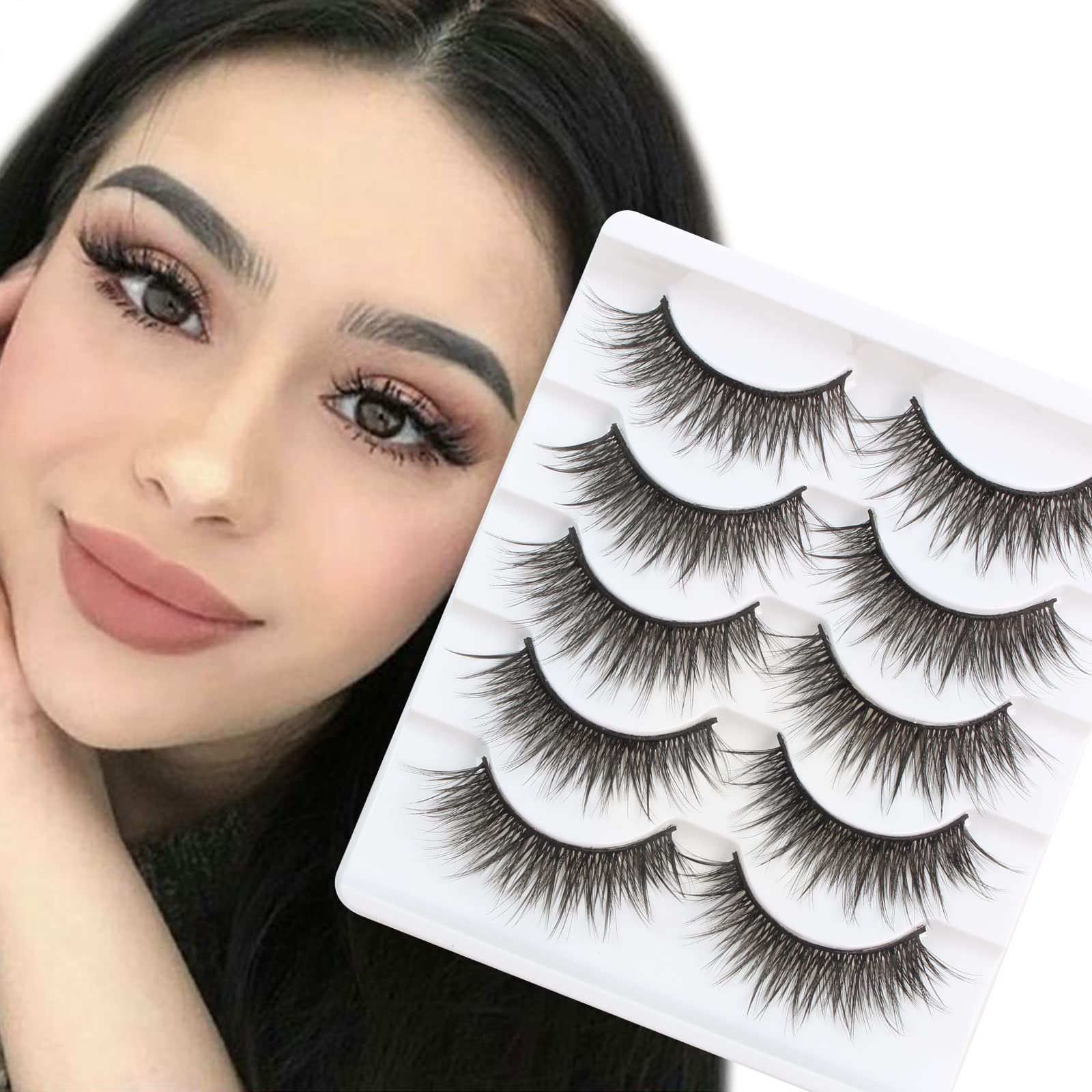 Glowingwin Fake Lashes Wispy Mink Eyelashes Natural Look Light Volume Eyelashes False Lashes Dramatic Fluffy Faux Mink Lashes Strip Lashes 5 Pairs Pack