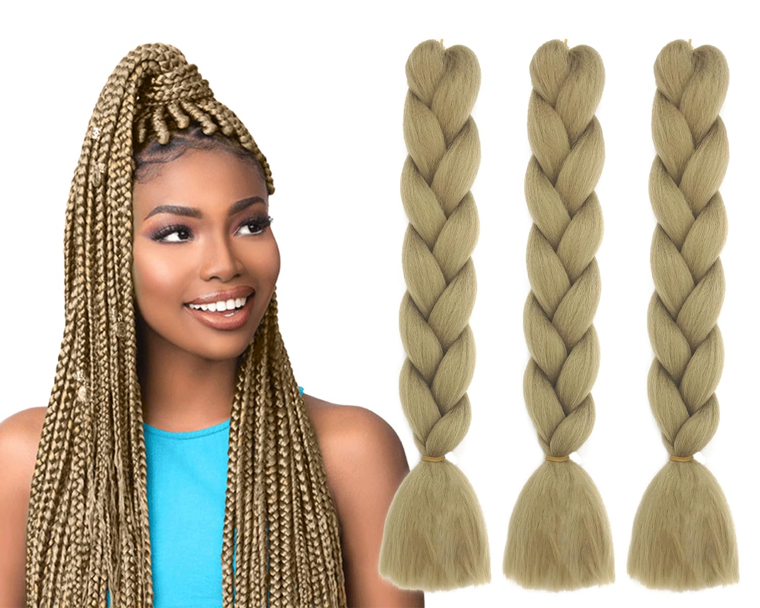 3 Pcs /300g 24 Inch Jumbo Braiding Hair, Braid Hair Extensions Synthetic Wig, Ombre Jumbo Braids for Braiding Crochet Twist Braids Hair, Afro Hair Extensions (Ash Blonde)