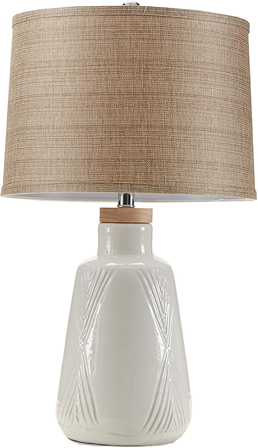 Tate Ivory White Unique Modern Table Lamp , Contemporary Round Ceramic Wood Desk Light , 15D X 24.5H