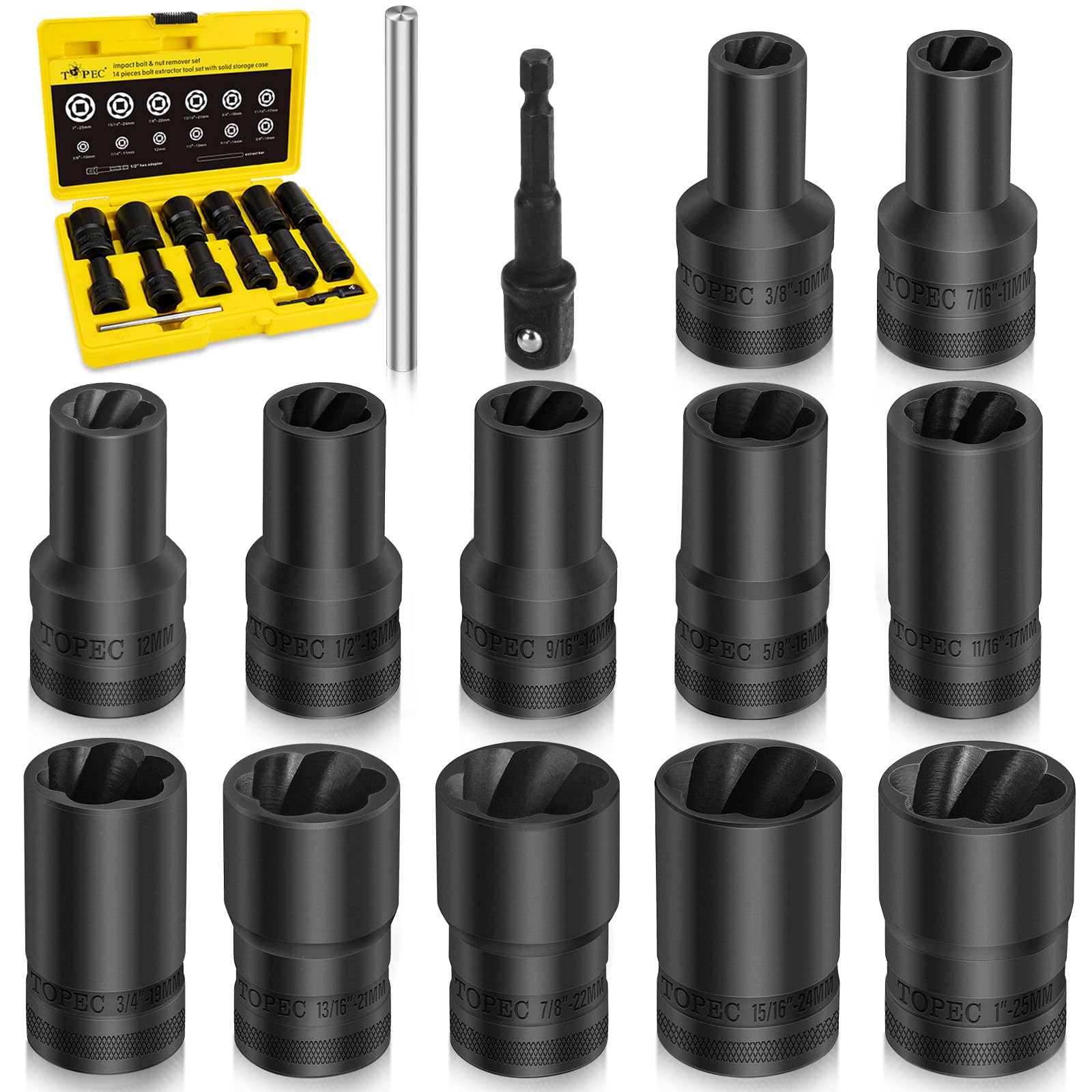 Photo 1 of Topec 14PCS Lug Nut Removal Tool, 1/2" Drive Lug Nut Extractor Set, 10-25mm Stripped Lug Nut Remover Socket, Wheel Lock Removal Kit for Damaged, Rusted, Rounded Bolts, Tire Lug Nuts