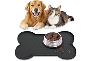 AVYDIIF Waterproof Pet Feeding Mat, Dog Cat Food Mats Anti-Slip Silicone Dog Bowl Mat, Raised Edge to Contain Spills Protects Floors, Placemats for Pet Water Bowl, Dishwasher Safe (Black, M: 19.5" X 10")