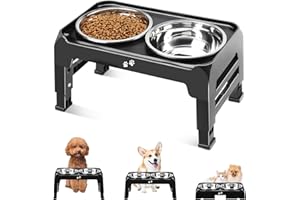 COMESOON Elevated Dog Bowls for Small Medium Dogs, 3 Height Adjustable Raised Stand with 2 Thick 6" Stainless Steel Food Bowls, Non-Slip Feeder Adjusts to 2.75", 6", 7.5", Black