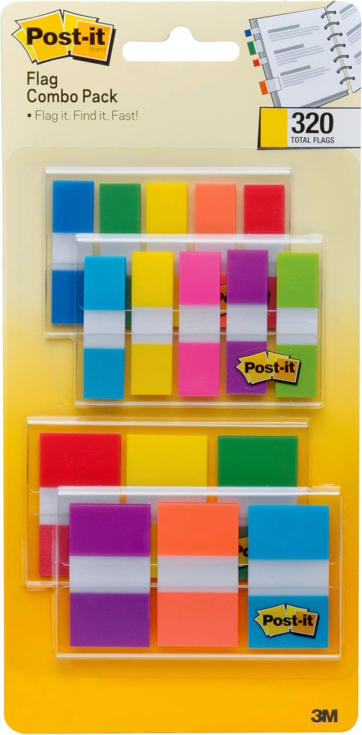 Post-it Flags Assorted Color Combo Pack, 320 Flags Total, 200 1-Inch Wide Flags and 120 .5-Inch Wide Flags, 4 On-The-Go Dispensers/Pack (683XL1) : Office Products