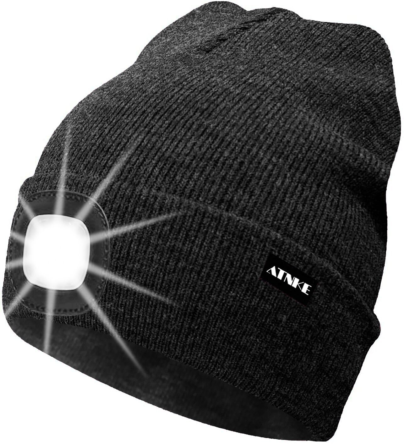 ATNKE LED Lighted Beanie Cap,USB Rechargeable Running Hat Ultra Bright 4 LED Waterproof Light Winter Warm Gifts for Men and Women/Dark Grey