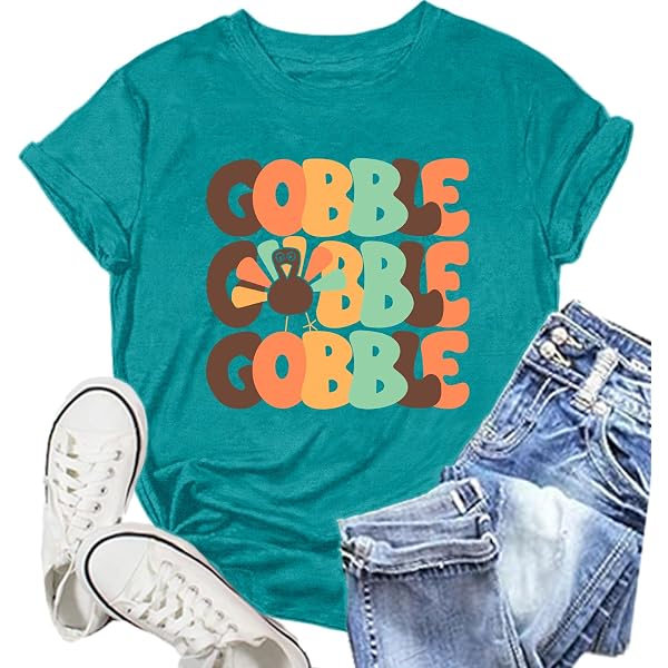 ALLTB Gobble Til You Wobble Thanksgiving T-Shirt – Women's Feather Print Tee, Dark Grey, X-Large