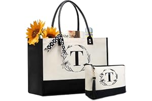 BeeGreen Initial Canvas Tote Bags Personalized Birthday Gift for Women, Embroidery Monogram with Leather Handle