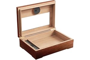 Puffaland Cedar Wood Box with Glass Top Brown Men Desktop Gift Case for Father with Digital Hygrometer, Humidifier for 20-25pcs