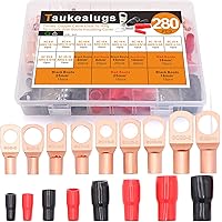 280PCS Copper Wire Lugs [4 6 8 10AWG 1/4-5/16] Battery Cable Eyelets Tubular Crimp Connector SC Ring Terminals with Soft PVC 