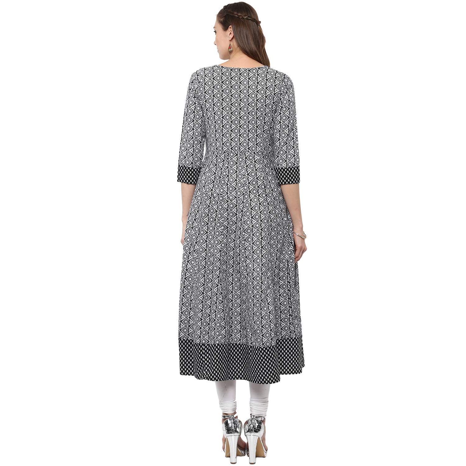 ayan white & black printed cotton anarkali with tassel.