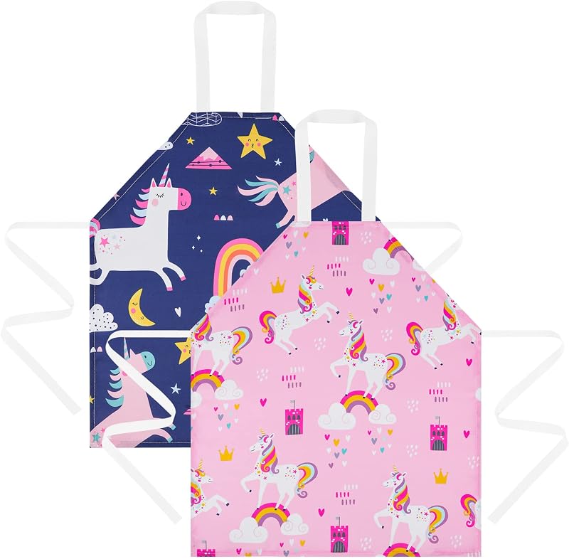 HOTUT 2 Pcs Kids Aprons Unicorn Print Adjustable Halter Neck Pink Blue