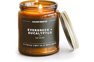 Calyan Wax Co. Soy Wax Candle, Evergreen + Eucalyptus Scented Candle, 57 Hour Burn Time, Aromatherapy Soy Candles, Non Toxic & Vegan Soy Wax, Amber Glass Jar Scented Candles, 7.2oz