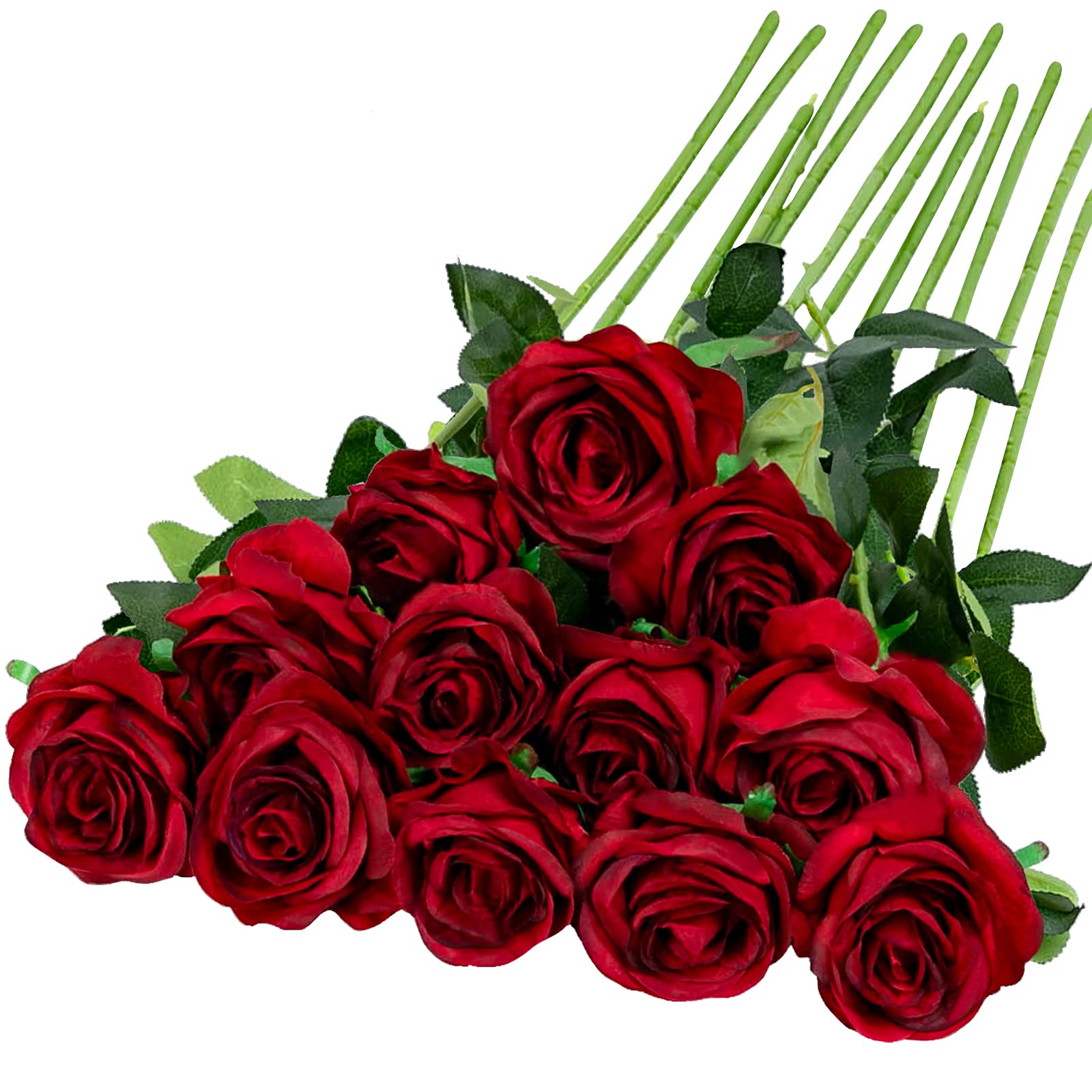 Hawesome 12PCS Artificial Roses Fake Flowers Single Long Stem Blooms with Rose Buds Wedding Decoration Bridal Bouquet Decorative Flower Arrangement Home Decoration Party Centerpieces (Wine Red)