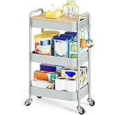 TOOLF 3-Tier Rolling Cart with Table Top, Metal Storage Cart on Wheels, Utility Organizer with Wooden Tray, Lockable Casters, Easy Assembly for Bathroom, Bedroom, Baby Room, Kitchen, Green