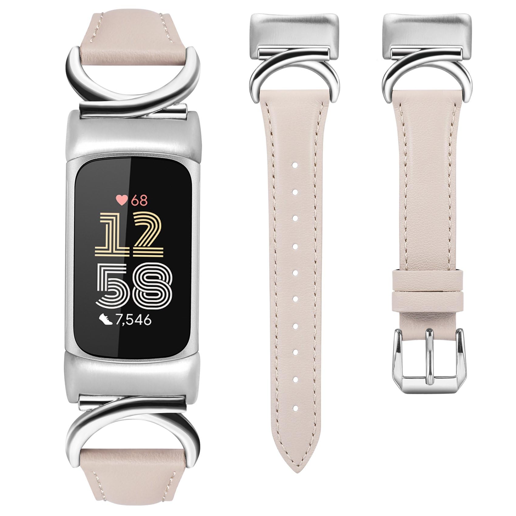 TOYOUTHS Leather Straps Compatible with Fitbit Charge 6/Charge 5 Strap Women, Slim Thin Elegant Dressy Designer Premium Leather Strap with C-Shape Metal Buckle for Charge 6/5, Starlight/Silver