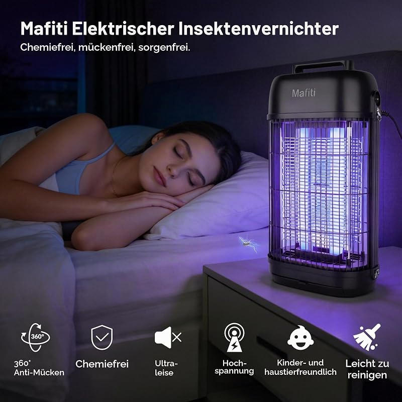 Elektrische Fliegenfalle 20W UV, Insektenvernichter mit 360° Hochspannungsgitter – Mückentöter für Zuhause & Gewerbe, effektiv mit Sicherheitsgitter