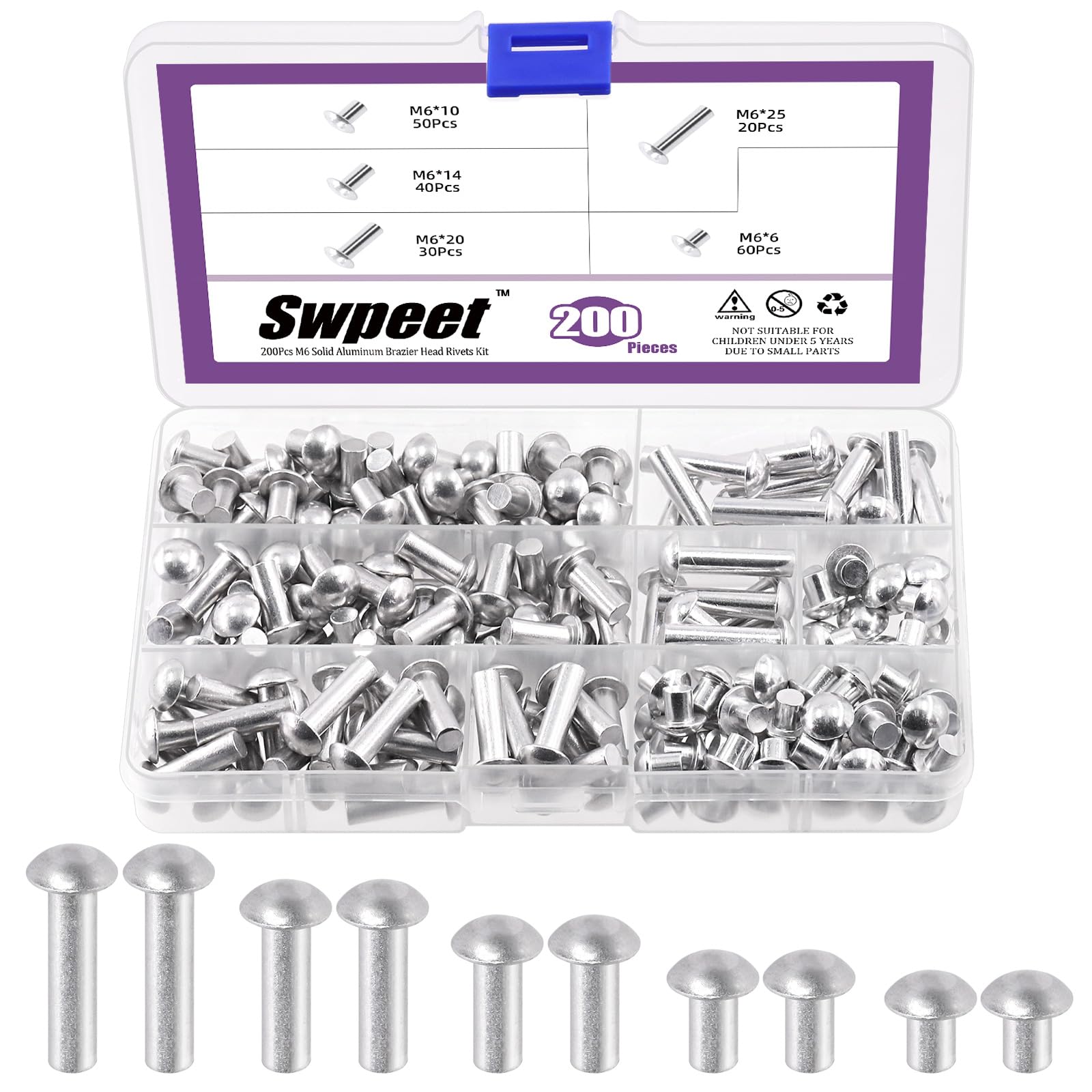 Swpeet 200Pcs M6 × 6mm 10mm 14mm 20mm 25mm Solid Aluminum Brazier Head Rivets, Aluminum Rivet, Plain Finish, Universal Head, High Corrosion Resistance for Repairing Boats, Aircraft, Making Armor