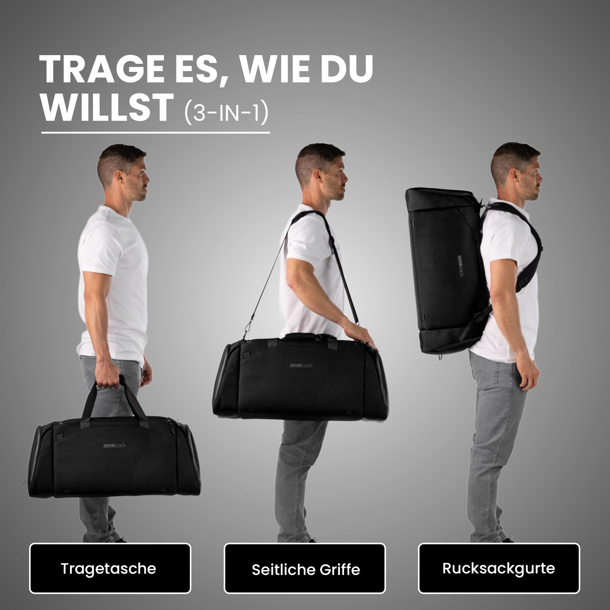 Zeeksack The Weekender 50L, Schwarz - Sport- & Reisetasche mit Schuhfach 6