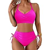 Fanuerg Women's High Waisted Bikini Sets Drawstring Tummy Control Two Piece Swimsuits Crisscross Tie Back Bathing Suit