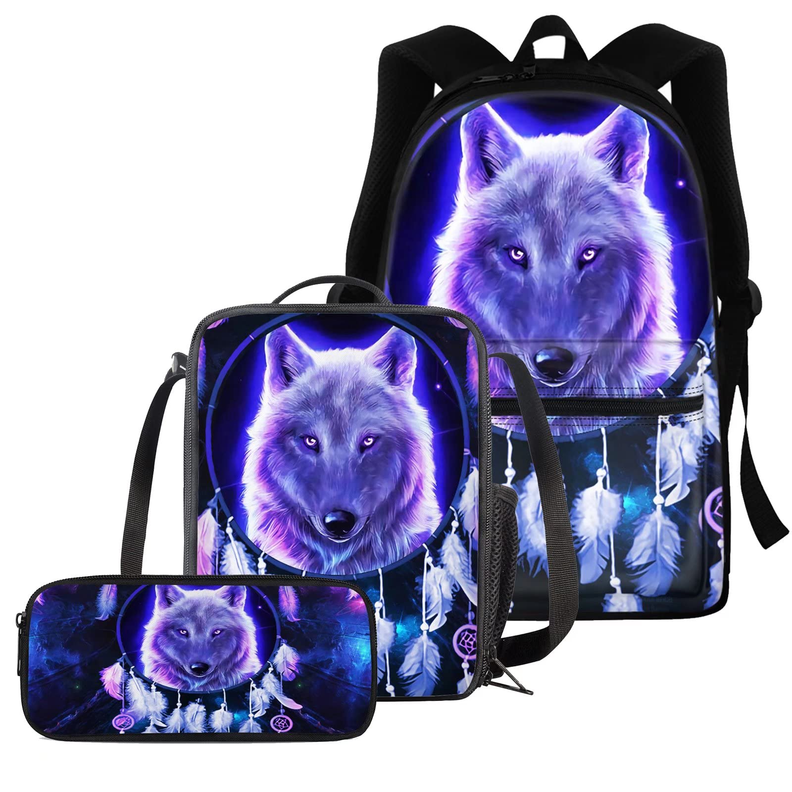 chaqlin 3 Pcs Animal Wolf Backpack Set for Boys Teens,Back to Schoolbags Set with Dream Catcher Wolf Printed Bookbags Set,Cute Pencil Case,Insulated Lunch Box for Kids Adult