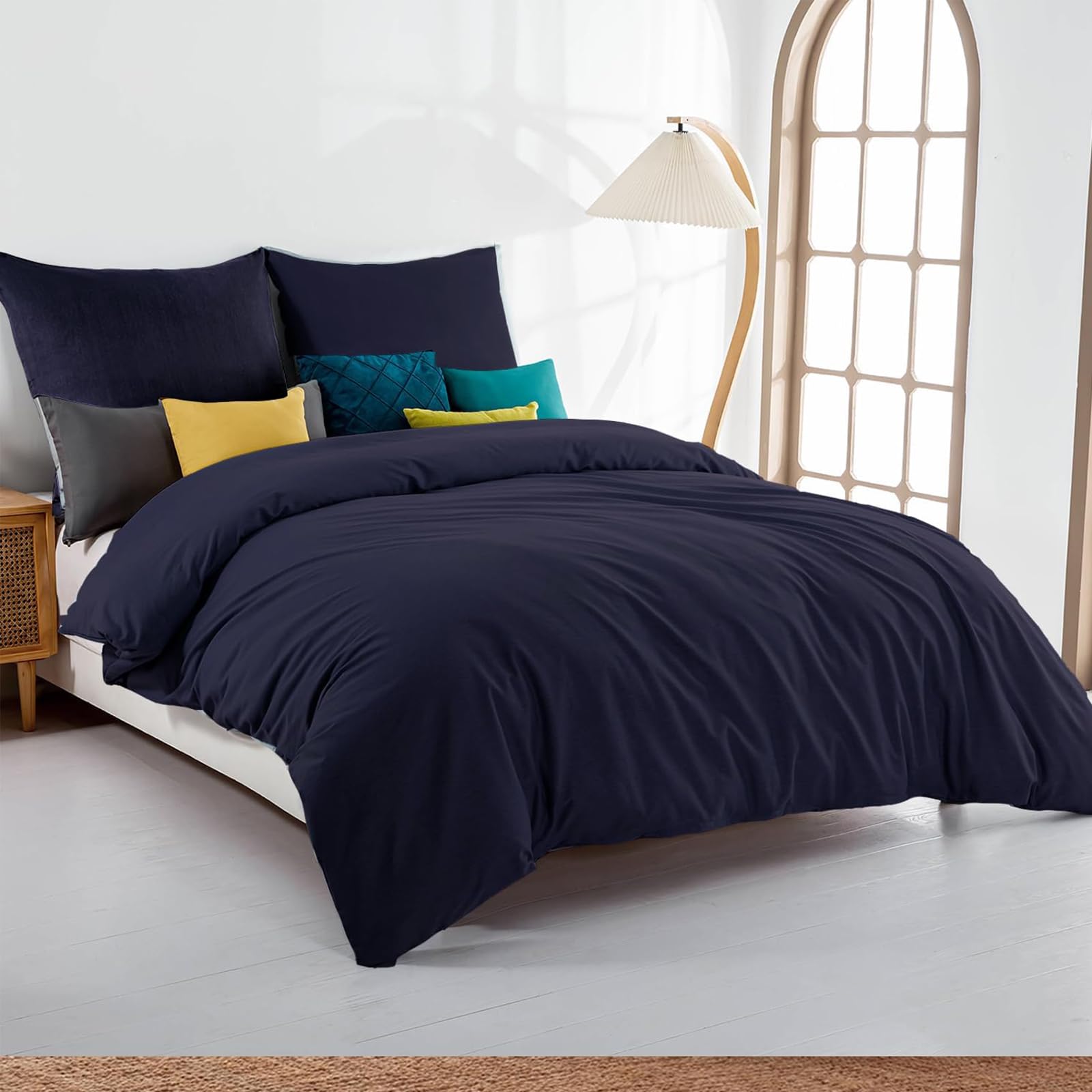 Soifox Double Duvet Cover Set - Navy Blue Bedding Set Double Bed with Zipper Closure, Soft Microfiber Duvet Cover with 2 Pillowcases