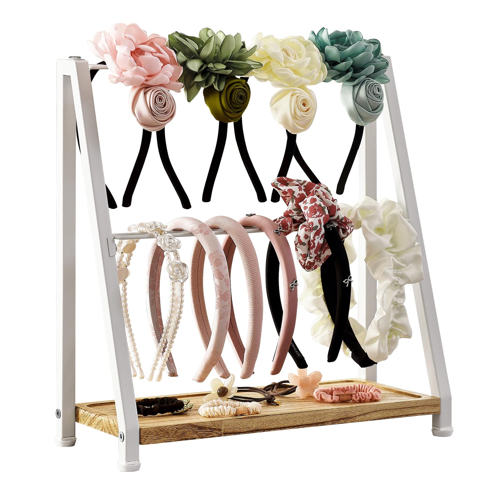 Photo 1 of DGWJSU Headband Holder Organizer Metal 2-Tier Display Stand for Selling, Home Bedroom Headband Storage for Girls Women, Headband Stand Wood Base Can Store Hair Ties, White