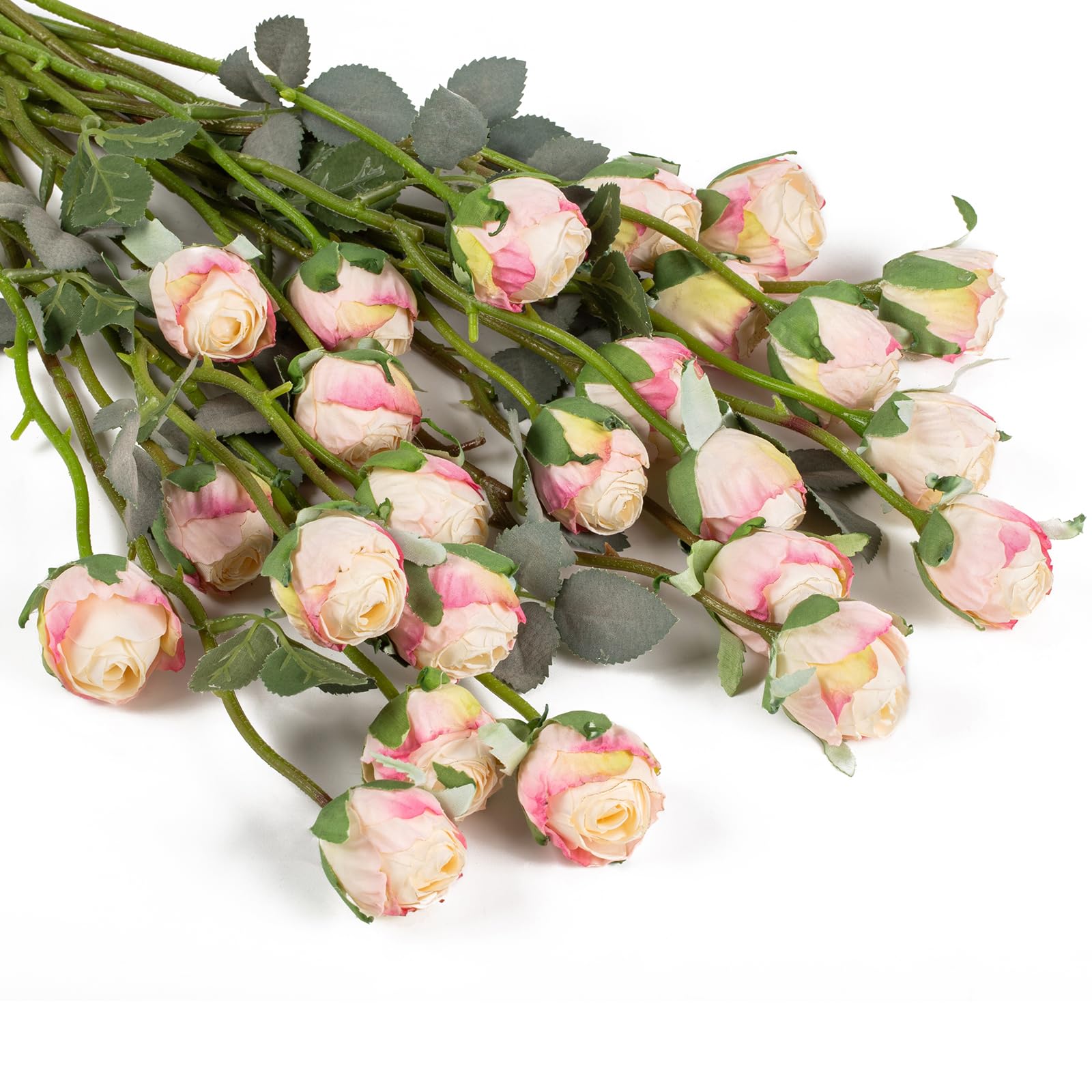 DuHouse 24pcs Artificial Silk Roses with Long Stems – Vintage Style Fake Rose Flowers for DIY Bouquets, Wedding Centrepieces, Party or Home Decoration(Cream Pink)