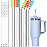Stainless Steel Straw Replacement Fits for Stanley Adventure Travel Tumbler and Simple Modern 40 oz Tumblers - 8 Reusable Metal Straws with Silicone Tips and 4 Cleaning Brushes (Silver)