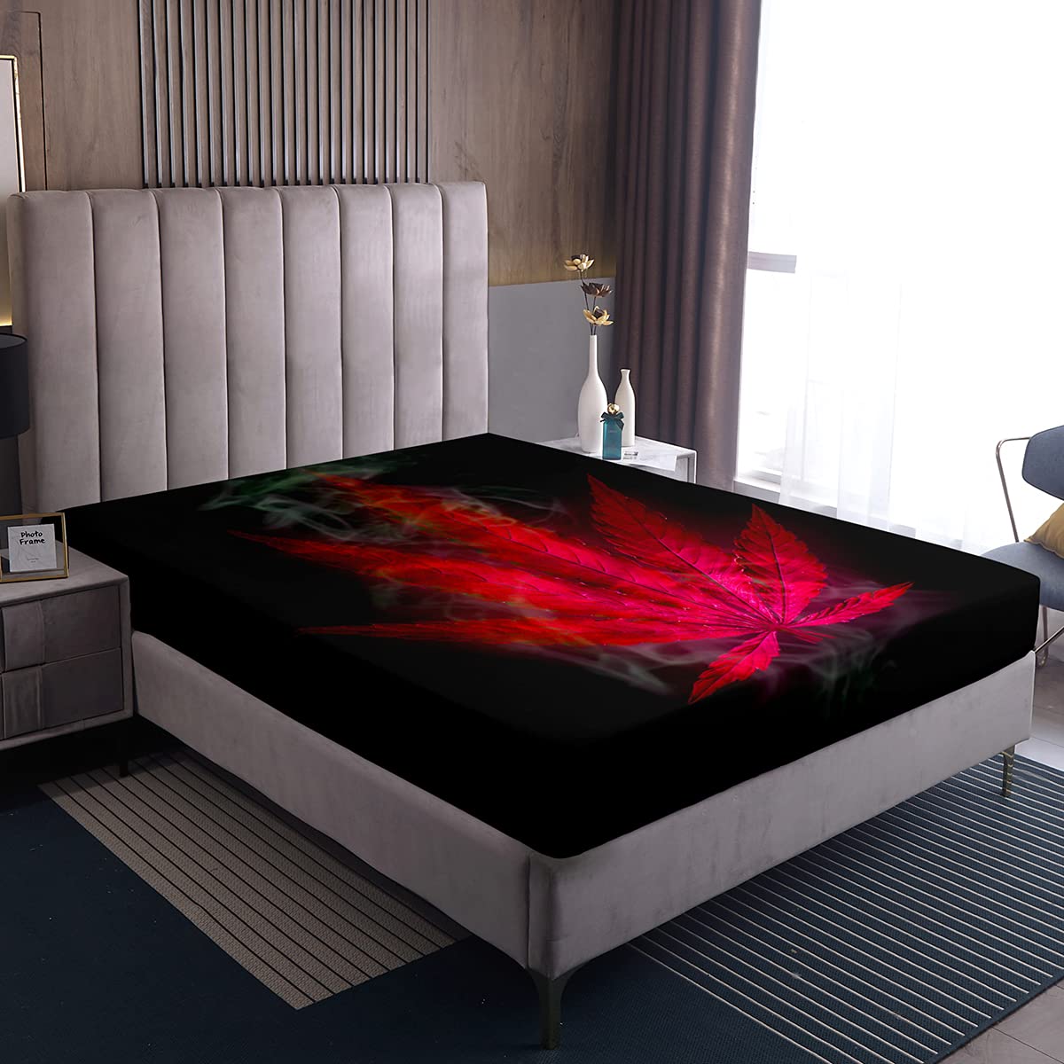 Marijuana Fitted Sheet Red Cannabis Leaf Fitted Sheets for Adults Women Teens Marijuana Leaf Bed Linen Decor Set Exotic Leaves Rustic Soft Boho Hippie Bed Linen 140 x 200 cm