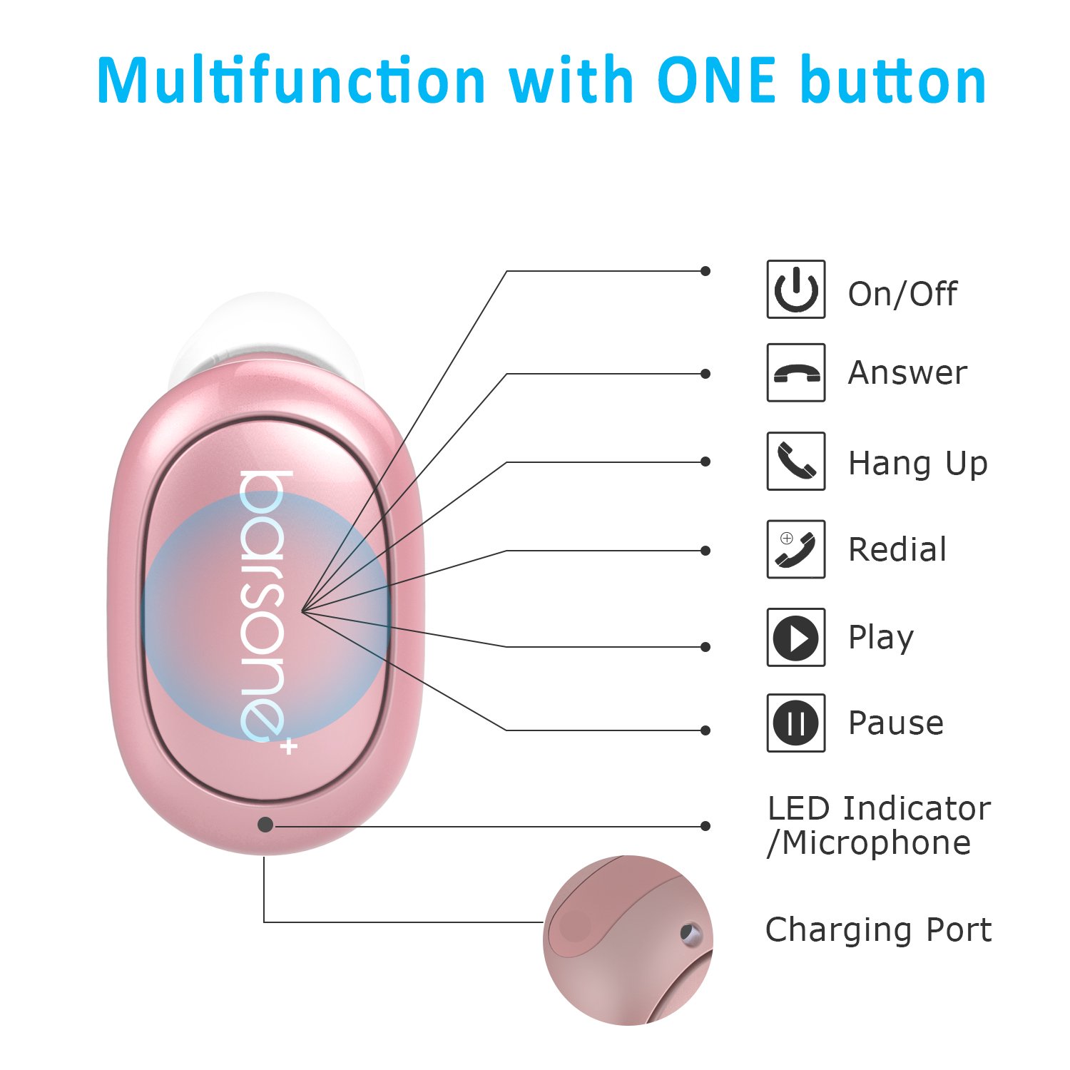 Bluetooth Earbud, Barsone Mini Bluetooth Earpiece Wireless Earphones Handsfree with Mic, In-ear Mini Bluetooth Ultra Light Headphones For IPhone Samsung and Any Other Smartphones (Rose gold)