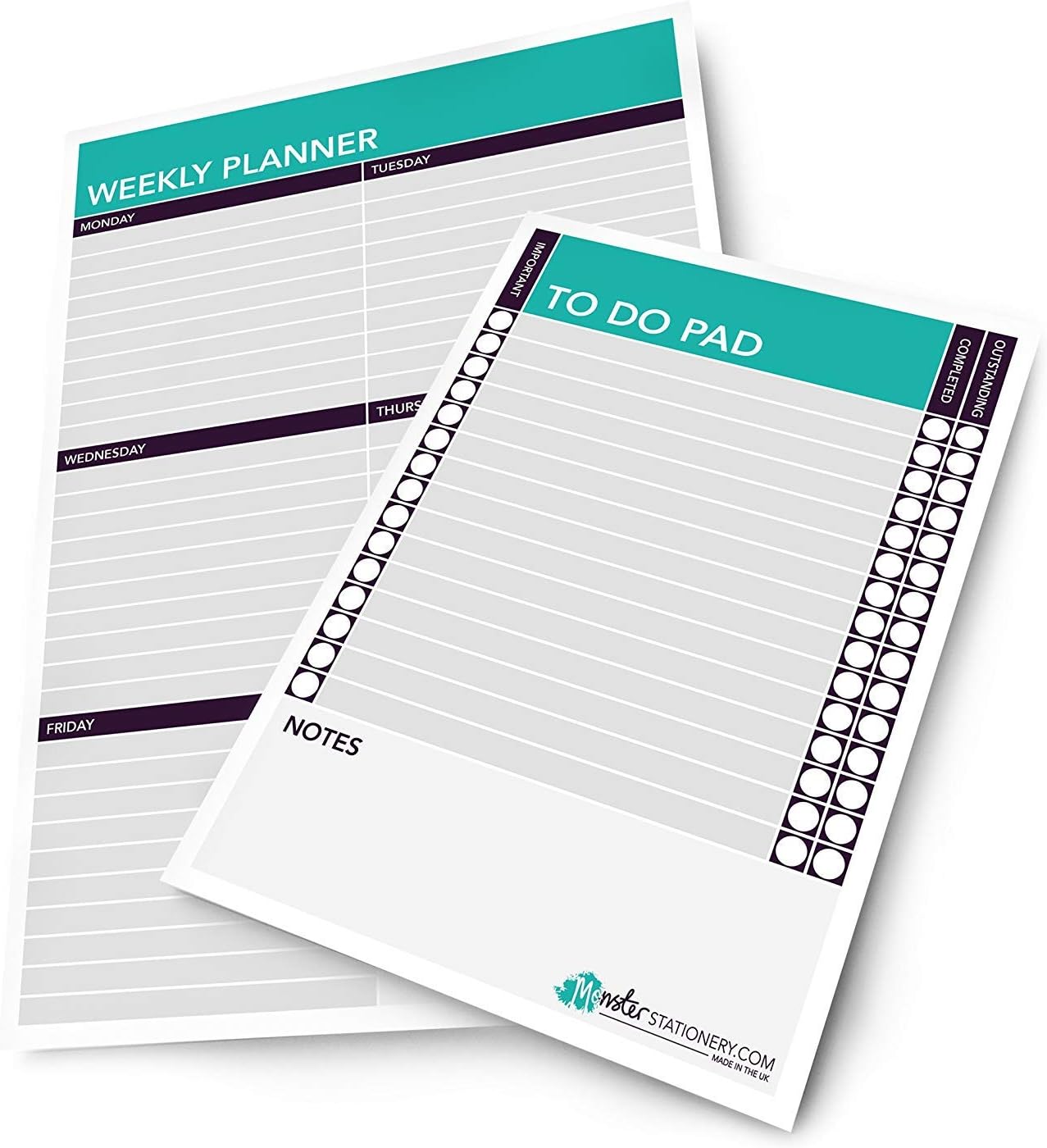 Monster Stationery - A5 Daily To Do Pad and A4 Weekly Schedule Planner - 60 Sheets - 80gsm - Made in UK - Set of 2