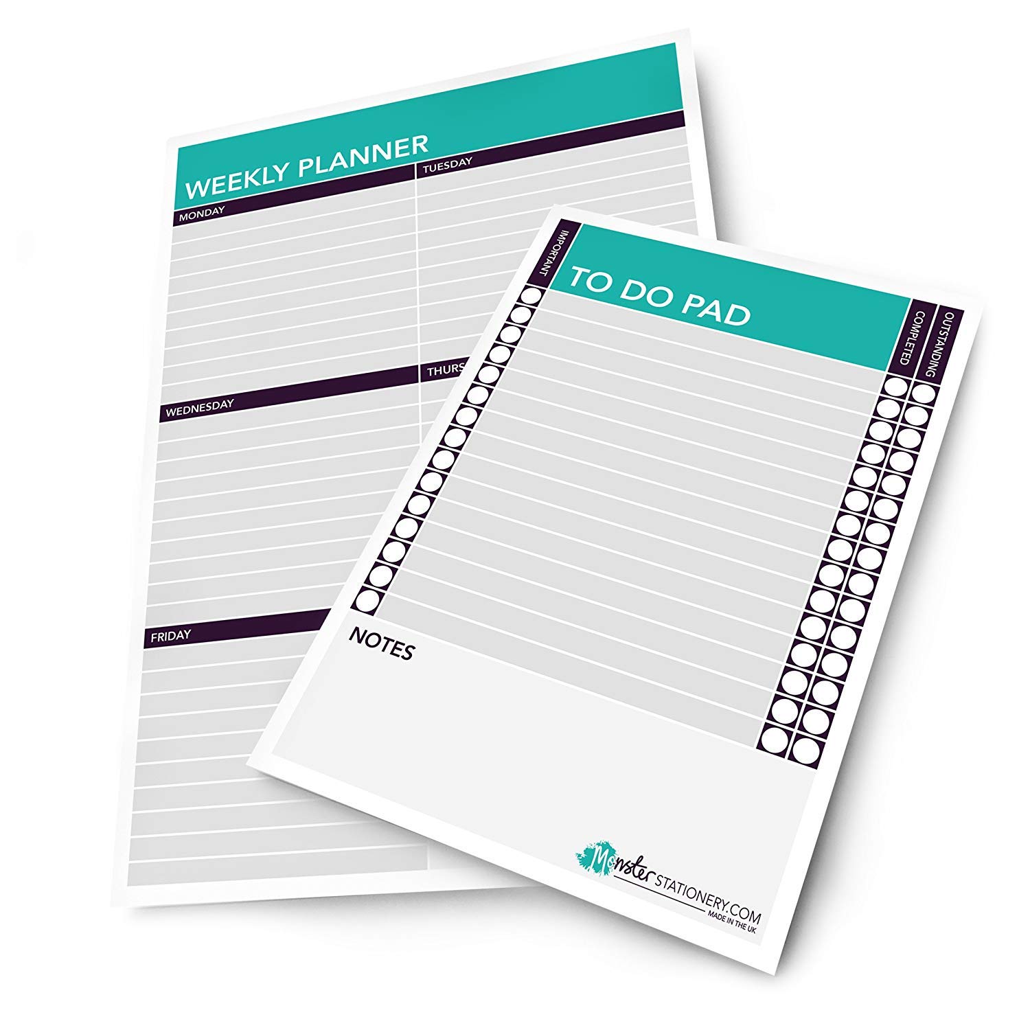 Monster Stationery - A5 Daily To Do Pad and A4 Weekly Schedule Planner - 60 Sheets - 80gsm - Made in UK - Set of 2