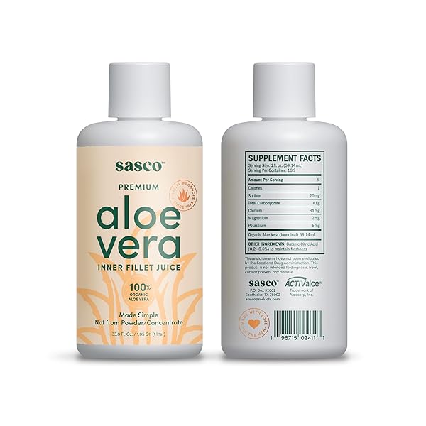 100% ORGANIC ALOE VERA JUICE – INNER FILLET ONLY, NATURALLY PRESERVED, NOT FROM CONCENTRATE, SUPPORTS DIGESTIVE & IMMUNE HEALTH – 1L BOTTLE BY SASCO
