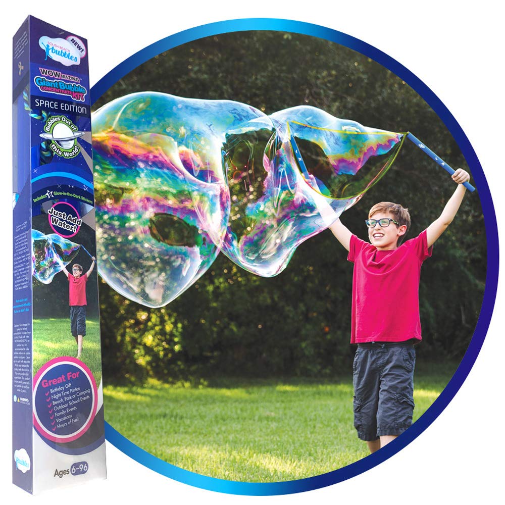 WOWMAZING Giant Bubbles for Kids - Bubble Wand Kit, 2x Bubble Solution - Bubble Wands Used for World Record, Beats Any Bubble Machine For Kids - Space Theme - Add Water to Bubble Mixture