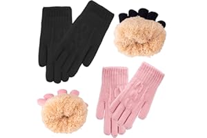 FENELY 2 Pairs Kids Winter Knit Gloves Boys Girls Warm Thermal Cable Knitted Gloves 2-6-10-14 Year Wool Fleece Lined Mittens