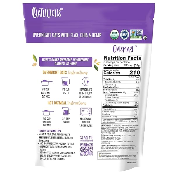 OATSOME ORGANIC OVERNIGHT OATS WITH CHIA, FLAX, & HEMP, GLUTEN-FREE OATMEAL WITH 7G OF PROTEIN, 12OZ BAG