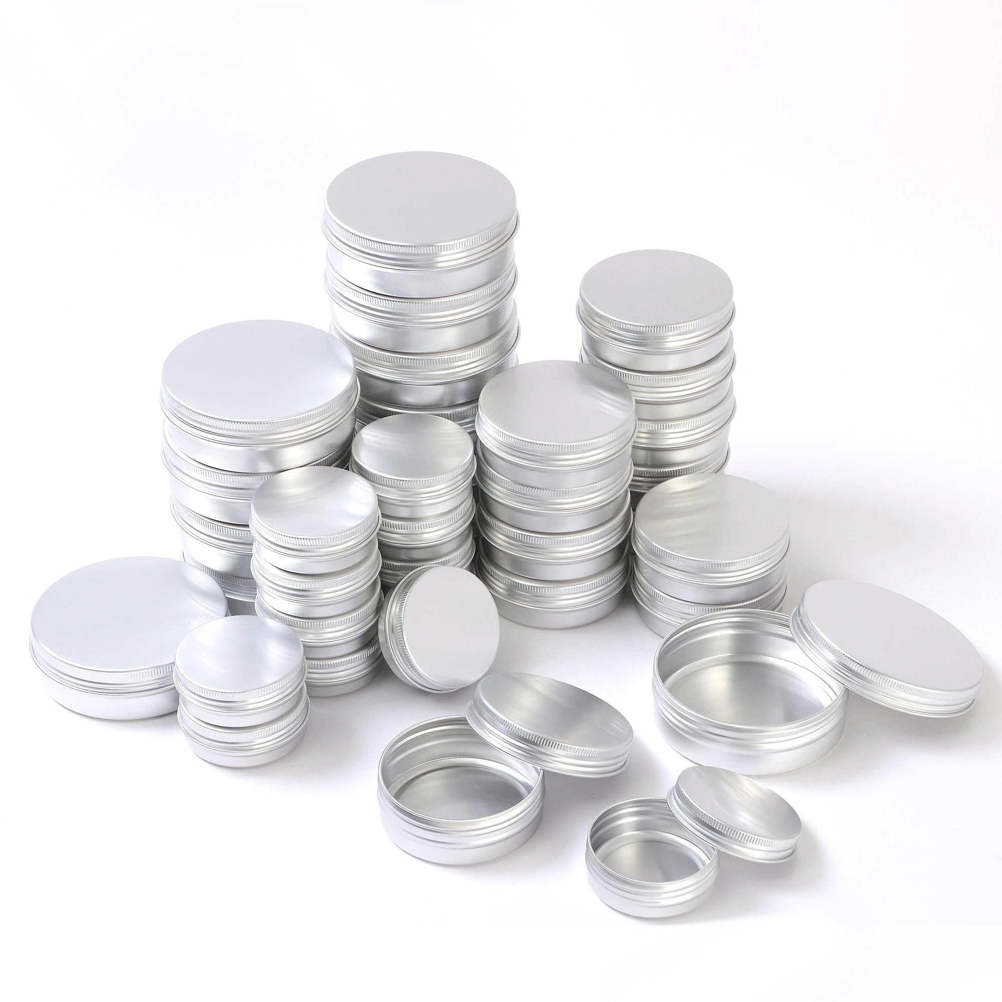 LJY 36 Silver Pack Round Metal Tins with Screw Lids, Mixed Sizes (1oz, 2oz, 4oz)-Aluminium Travel Containers for Toiletries, Lip Balm Making Kit, Candle Tins and Small Jars for Workshop Screw Storage