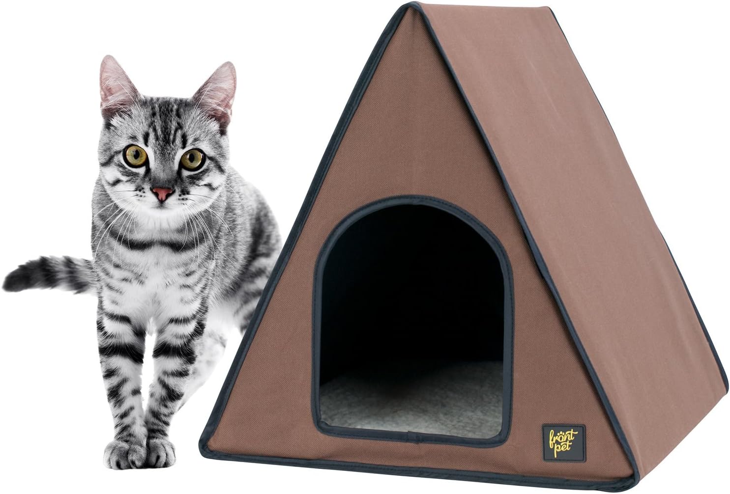 FrontPet A-Frame Heated Cat House with Fleece Bed Insert Pad & Protected Double Door Openings- Brown/Cat House for Indoor Cats/Cat House/Cat Tent for Outdoor & Indoor Cats - 40 Watts