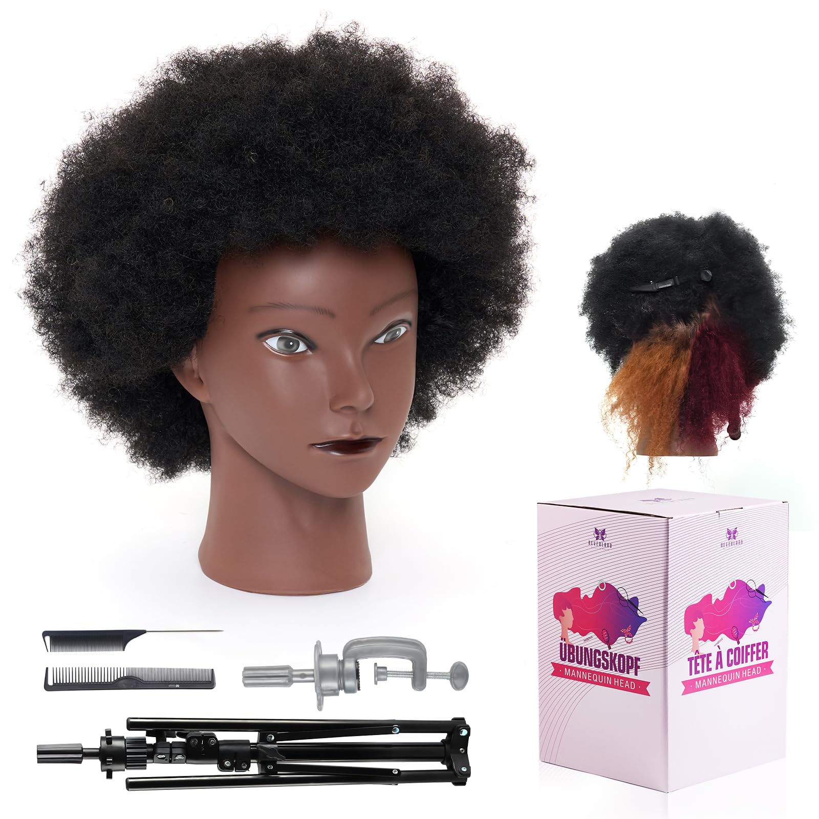 Photo 1 of 100% African Mannequin Head Human Hair,4C Afro Curly Cosmetology Manican Manikin Doll Head with 47“ Mannequin Head Stand,Table Calmp,Braiding Set for Display Practice Braiding Styling Training