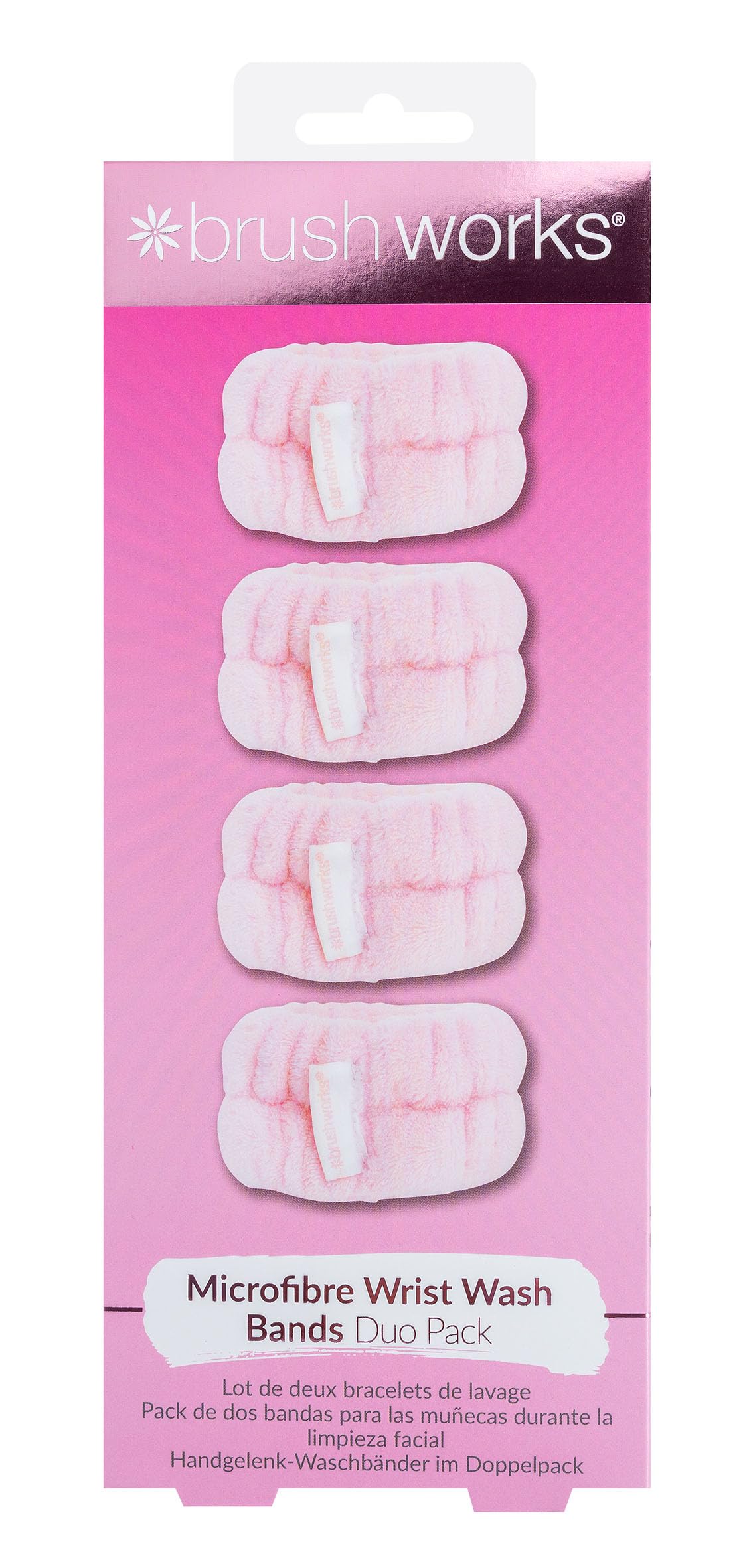 Brushworks Microfibre Wrist Wash Bands Duo Pack (Pink) – 2 Pairs of Reusable, Soft & Absorbent Face Washing Wristbands for Mess-Free Skincare Routine