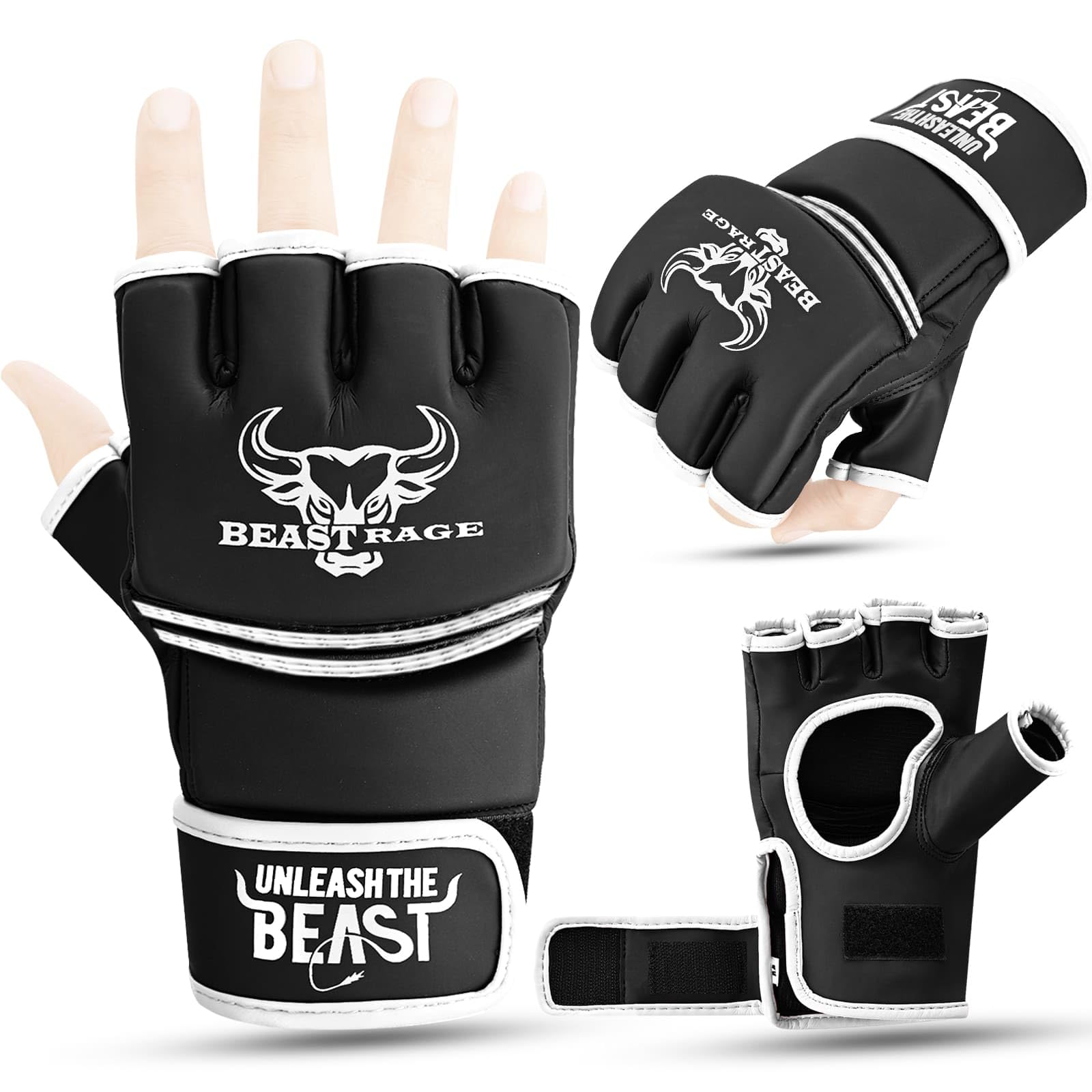 BEASTRAGE MMA Gloves for men and women,Martial Arts Mitts Grappling Sparring,Ventilated Palm, VEGAN Leather, Cage Fighting, Muay Thai, Kick Boxing, Punching Bag, Boxing, Kickboxing (White, L)