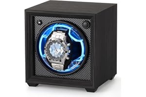 Isili Single Watch Winder for Automatic Watches, Auto Start-Stop Watch Winders Box for Watch Lovers, with Quiet Motor 2 Rotation Mode Setting,Blue Light,Elastic Watch Pillows, Gift for Man