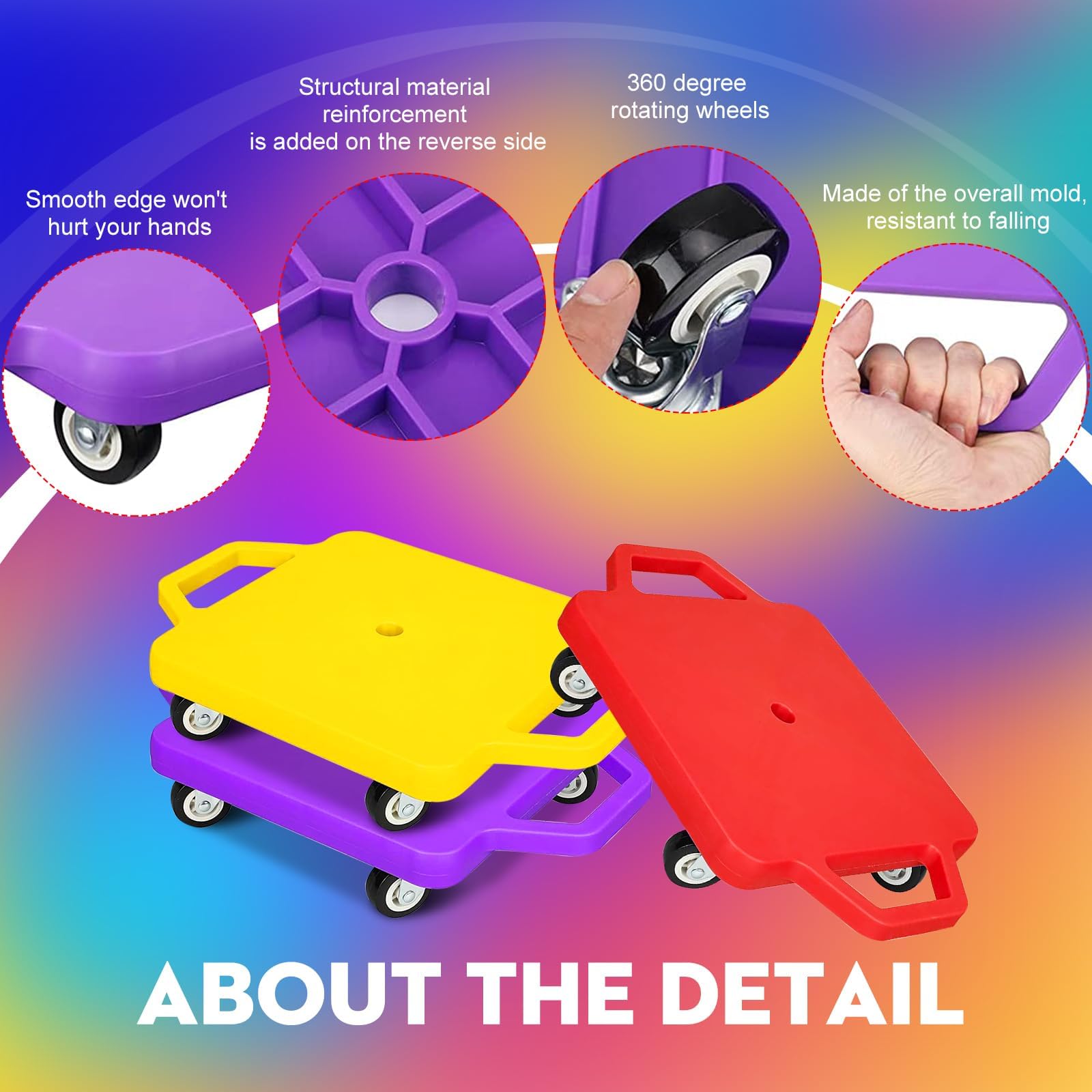 4 Pcs Sports Scooter Board with Handles Sitting Scooter Board Colored Plastic Casters Sport Floor Scooter Board Children Gym Indoor Outdoor Activities Play Equipment