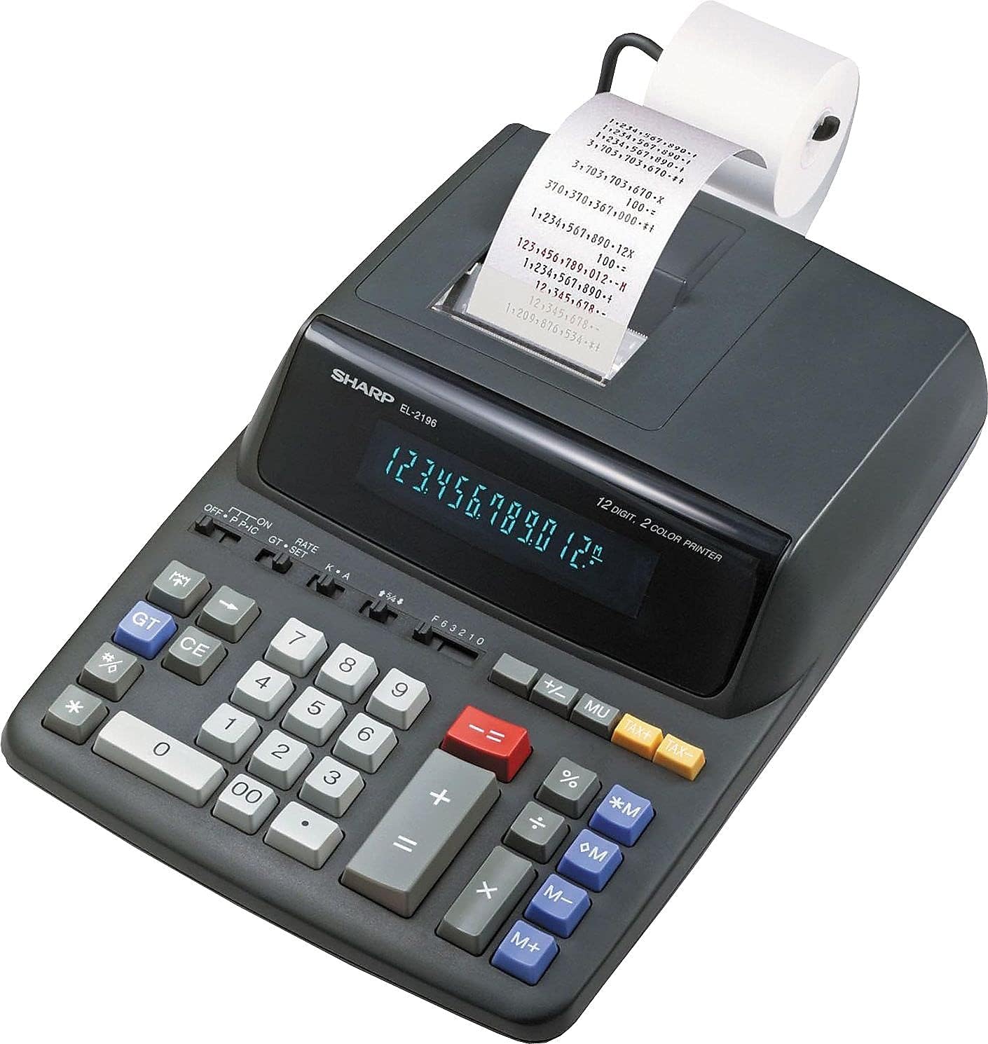 Sharp 12-Digit Print Calculator Desktop Size Adding Machine, Perfect for Everyday Use and Office, Bright, Large Easy-to-Read Numbers on Both The Display and The Two-ColorPrinted Tape (EL2196BL)