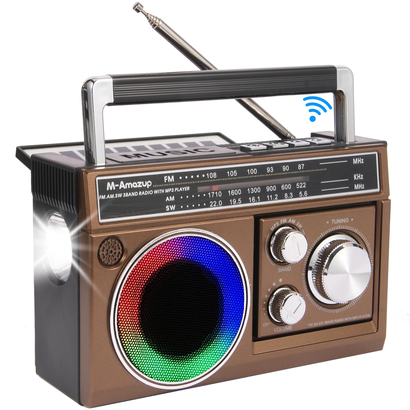 Photo 1 of M-Amazup Radios Portable AM FM, Retro Portable Radio with Bluetooth Speaker and Flashlight, Strong Reception with Colorful Mood Lights, TF Card, Solar/Battery/AC Rechargeable for Gift,Home,Coffee