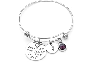LIUANAN Stainless Steel Inspirational Encouragement Bracelet She Believed She Could So She Did Expandable Bangle Birthstone Charm Cuff Bracelet