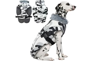 DENTRUN Large Dog Winter Coat - Windproof Reflective Warm Coat, Adjustable Neck & Snap Closure, Water Repellent Thick Fleece Vest, Fleece Lined for for Golden Retriever, White Camo, XL