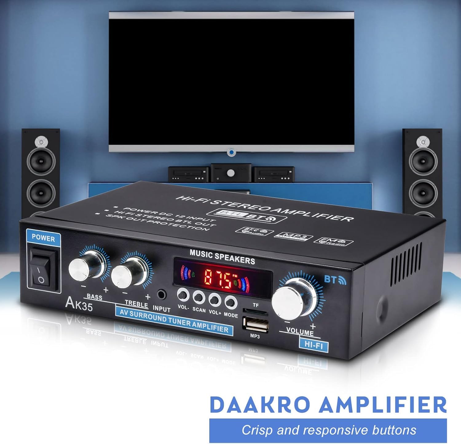 AK35 Home Audio Amplifier Receiver, 200W Home Dual Channel Bluetooth 5.0 Sound Speaker AMP, Home Amplifiers FM Radio/USB/SD/Card w/Remote Control Home Theater Audio Stereo System Components